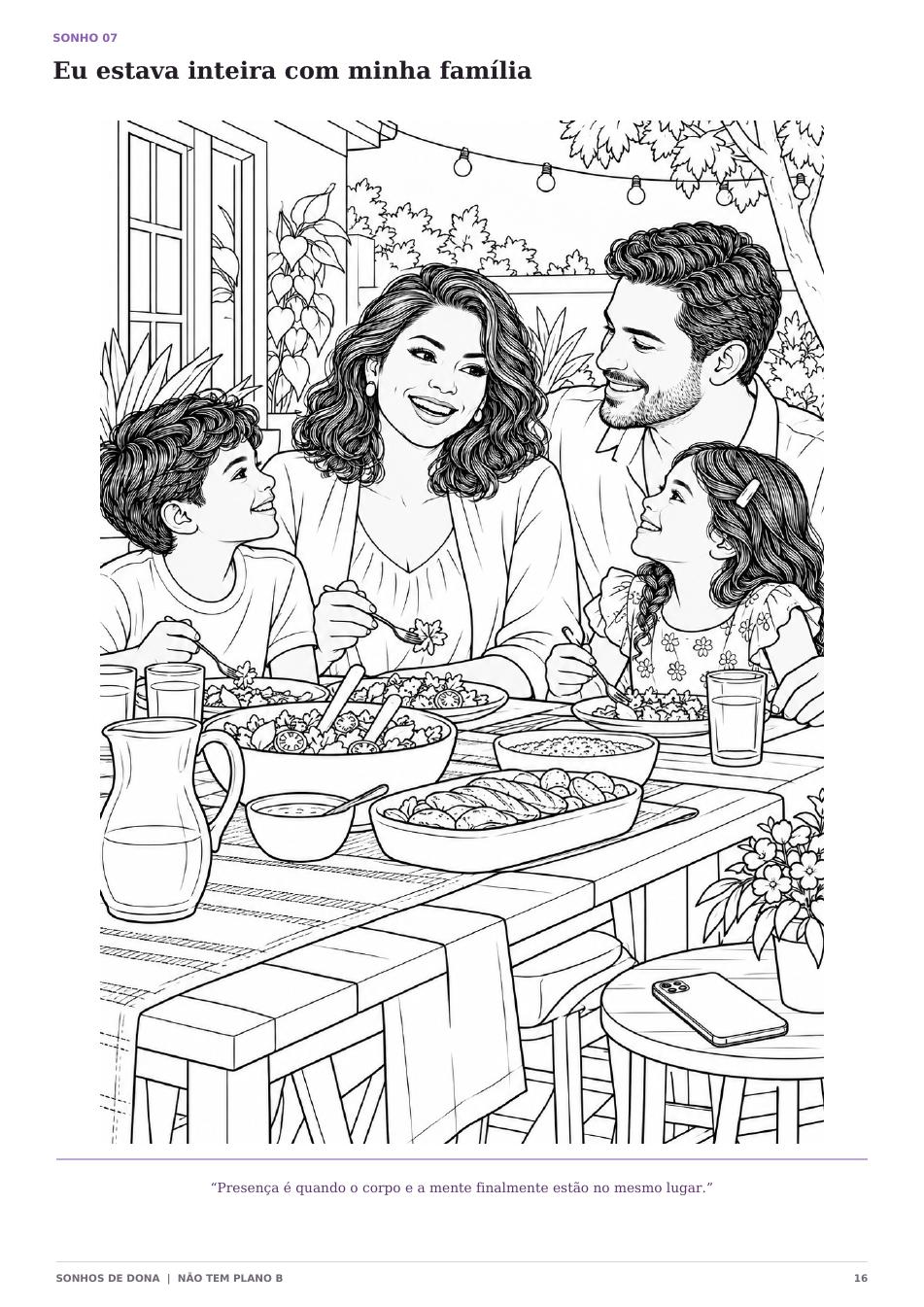 Página para colorir com uma empreendedora presente com sua família